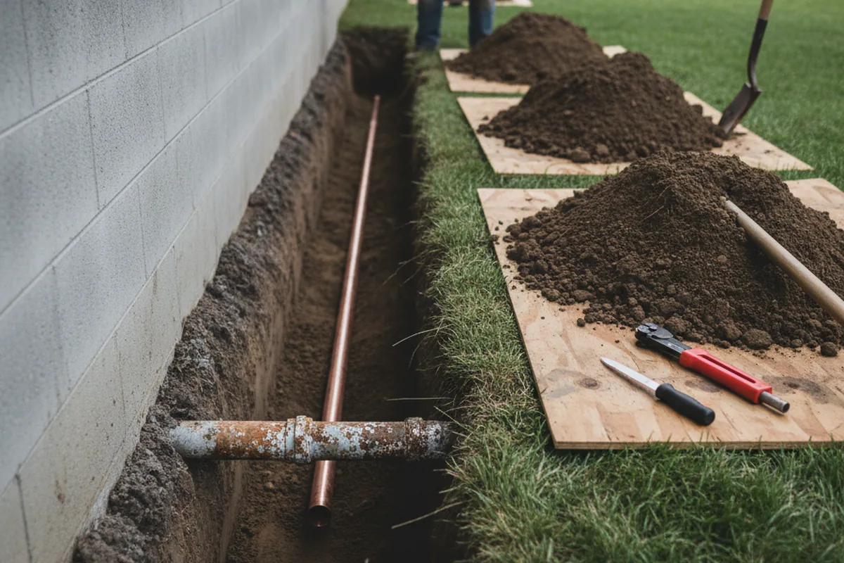 Excavated water line trench during Sewer Line Repair in Town Creek